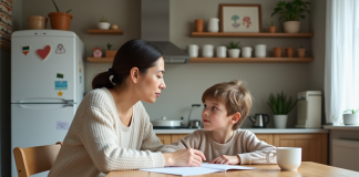 Enfant : comment gagner le respect de son enfant avec bienveillance ? Mère et enfant discutant à la table de cuisine