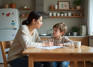 Enfant : comment gagner le respect de son enfant avec bienveillance ? Mère et enfant discutant à la table de cuisine