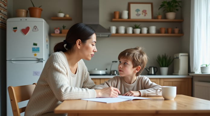 Mère et enfant discutant à la table de cuisine