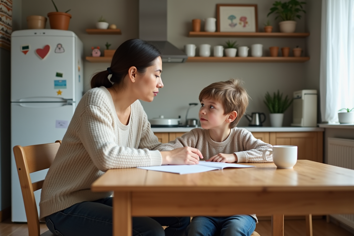 Mère et enfant discutant à la table de cuisine