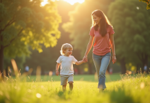 Maman et son enfant main dans la main dans un parc ensoleille