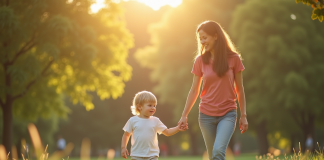 Maman et son enfant main dans la main dans un parc ensoleille