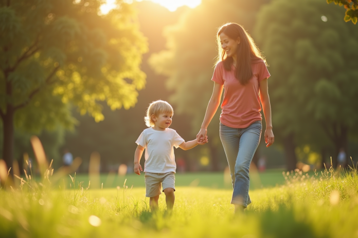 Maman et son enfant main dans la main dans un parc ensoleille