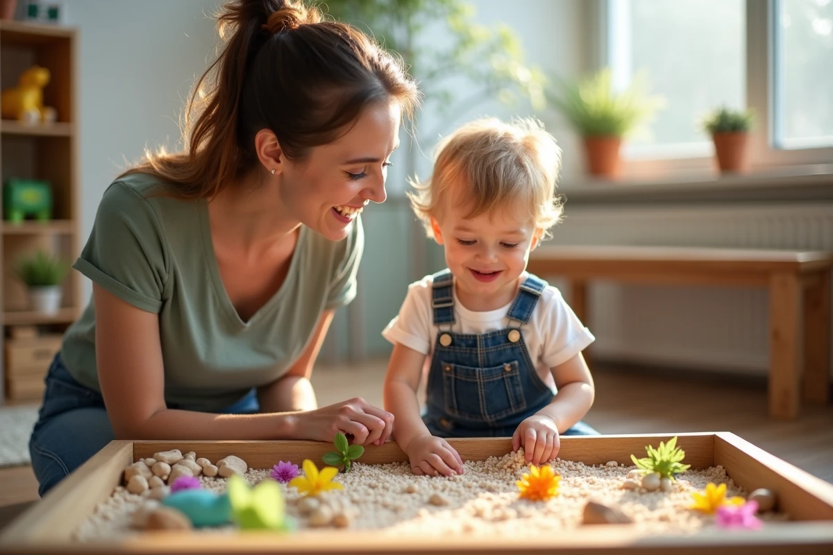Maman et enfant explorant un bac sensoriel avec des éléments naturels