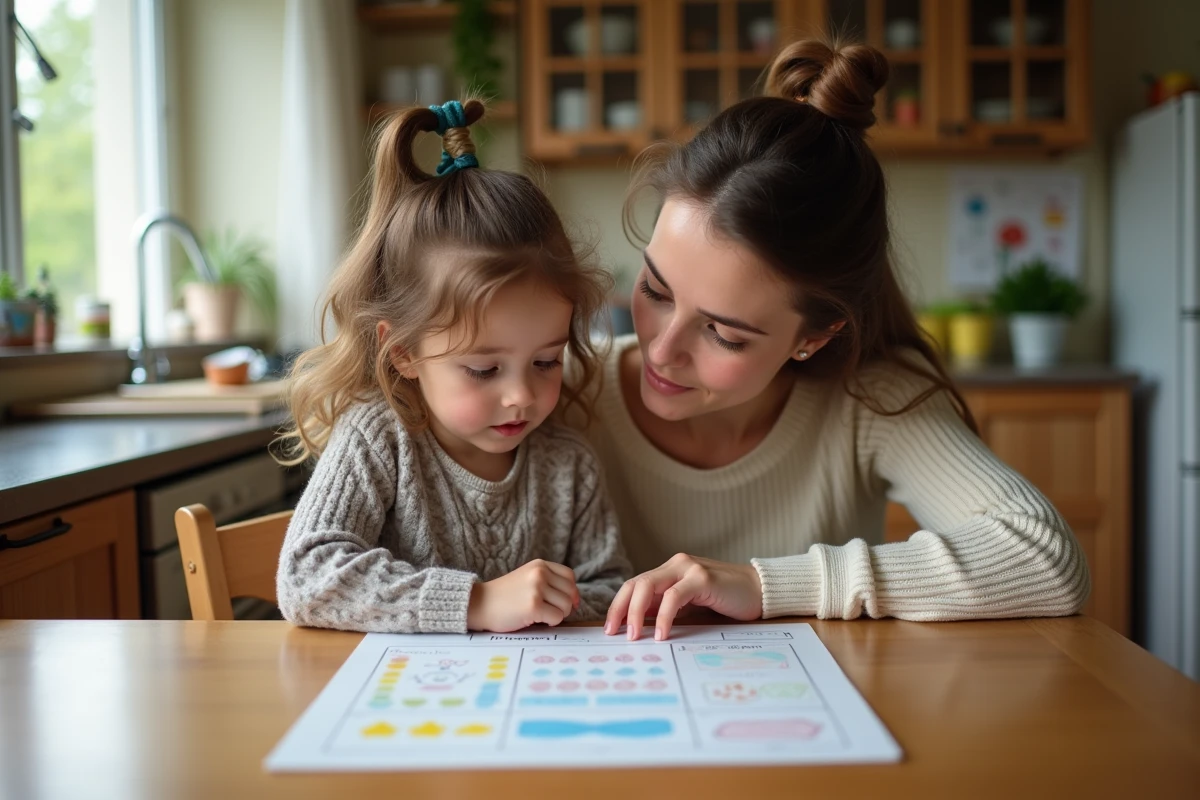 Mère et fille regardant une carte à la cuisine