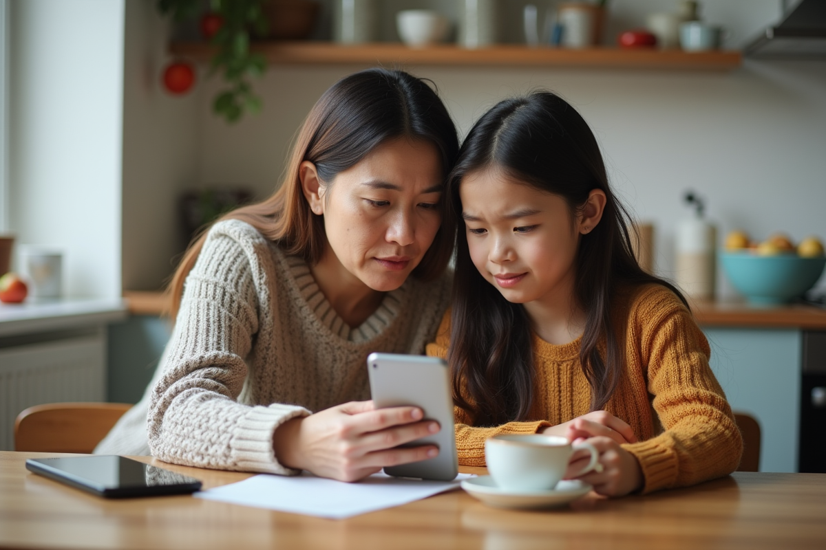 Maman et fille regardant un smartphone dans la cuisine