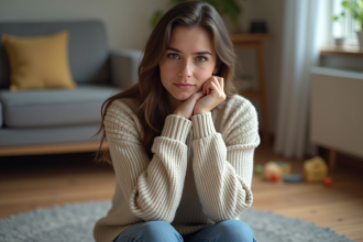 Mère assise pensivement dans un salon cosy