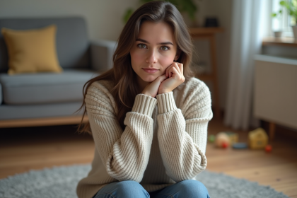Mère assise pensivement dans un salon cosy