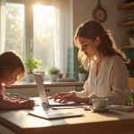 Jeune maman travaillant sur un ordinateur dans la cuisine