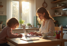 Jeune maman travaillant sur un ordinateur dans la cuisine