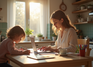 Jeune maman travaillant sur un ordinateur dans la cuisine