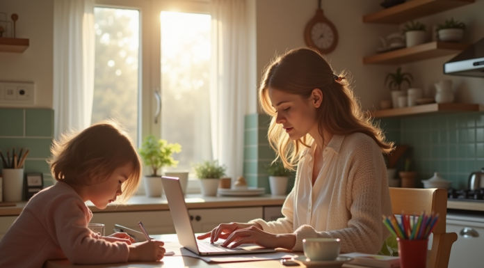 Jeune maman travaillant sur un ordinateur dans la cuisine