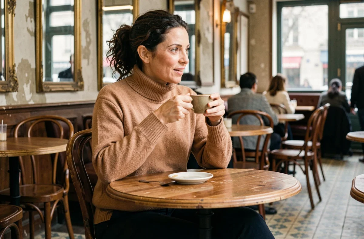 Femme journaliste assise dans un bistrot parisien vintage, tenant un café et souriant naturellement
