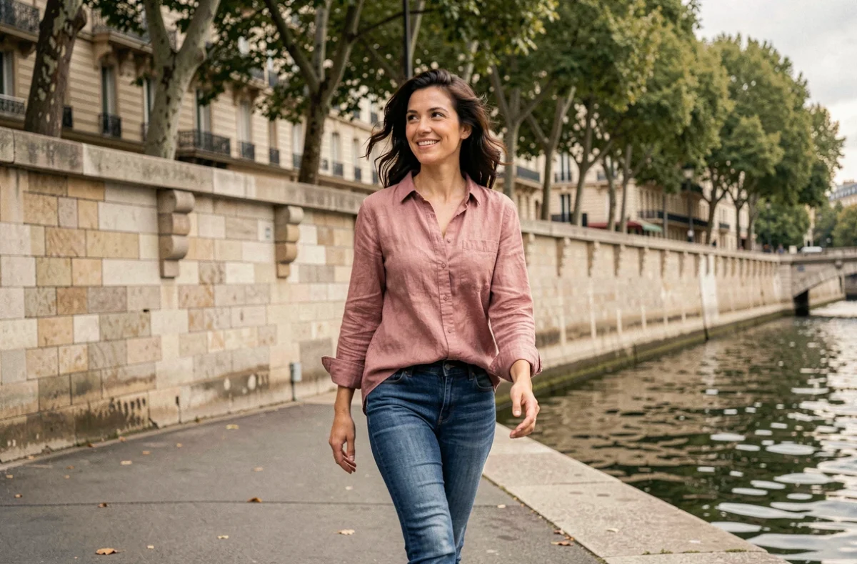 Femme souriante marchant le long des quais de la Seine à Paris, tenue décontractée et attitude naturelle