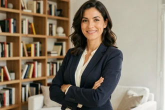 Portrait d'une femme journaliste brune dans un appartement parisien moderne, allure professionnelle et détendue