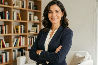 Portrait d'une femme journaliste brune dans un appartement parisien moderne, allure professionnelle et détendue