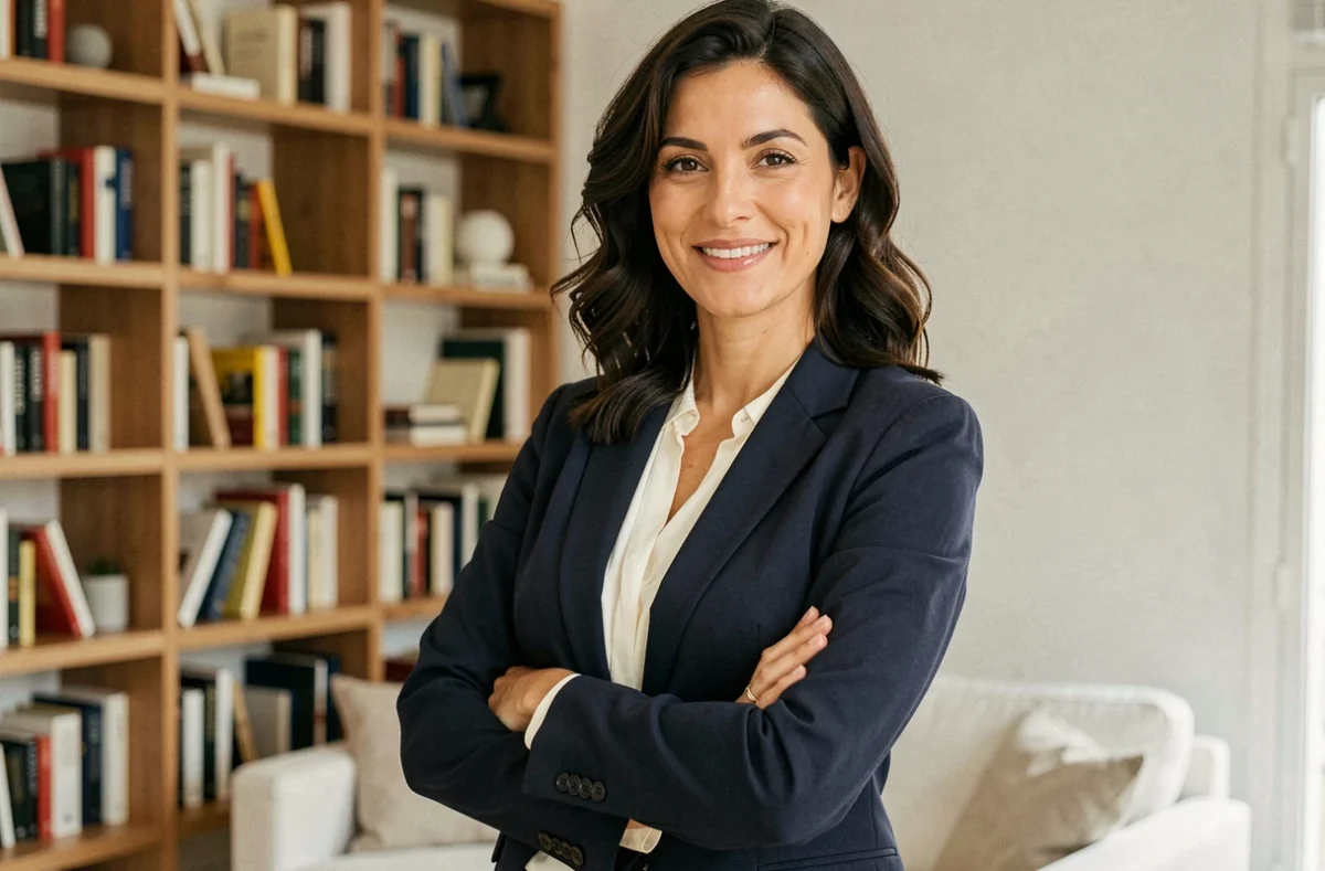 Portrait d'une femme journaliste brune dans un appartement parisien moderne, allure professionnelle et détendue