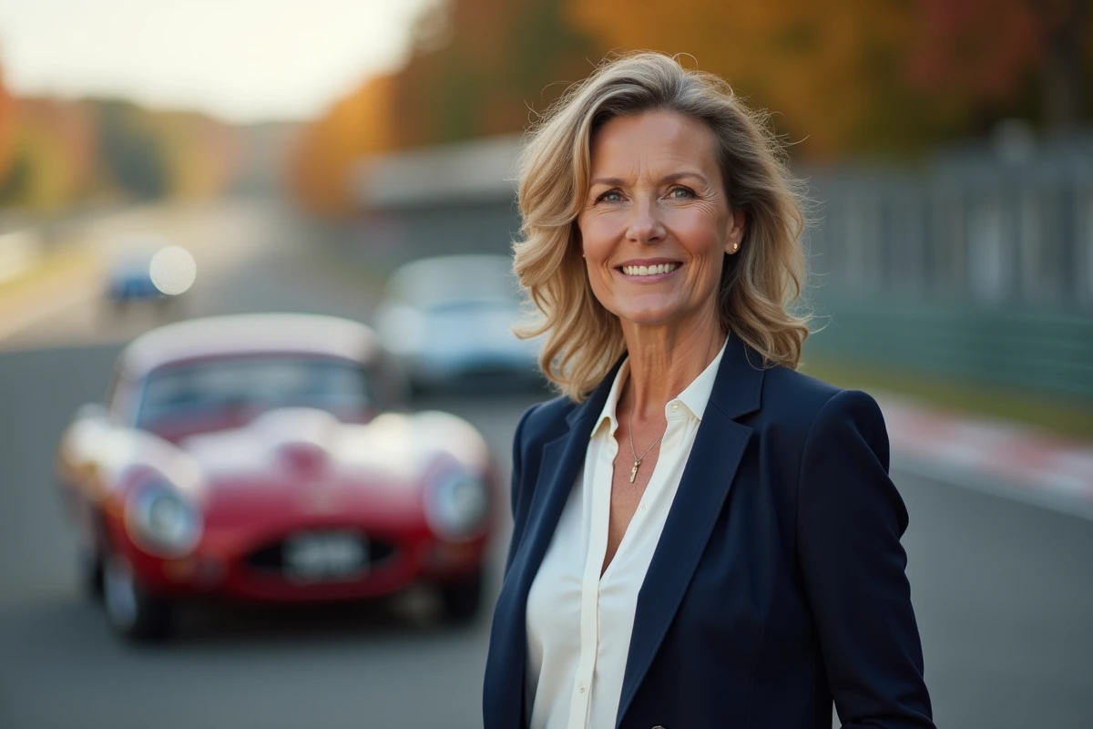 Femme élégante aux abords d'un circuit automobile, évoquant la vie de Margot Laffite entre passion sportive et vie personnelle