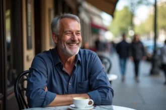 Portrait d'un homme souriant attablé en terrasse de café parisien, ambiance éditoriale naturelle illustrant la vie personnelle de Jarry