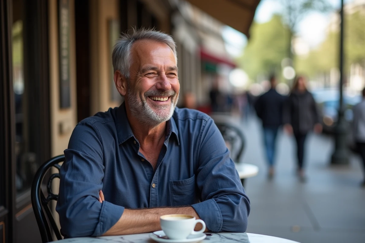 Portrait d'un homme souriant attablé en terrasse de café parisien, ambiance éditoriale naturelle illustrant la vie personnelle de Jarry