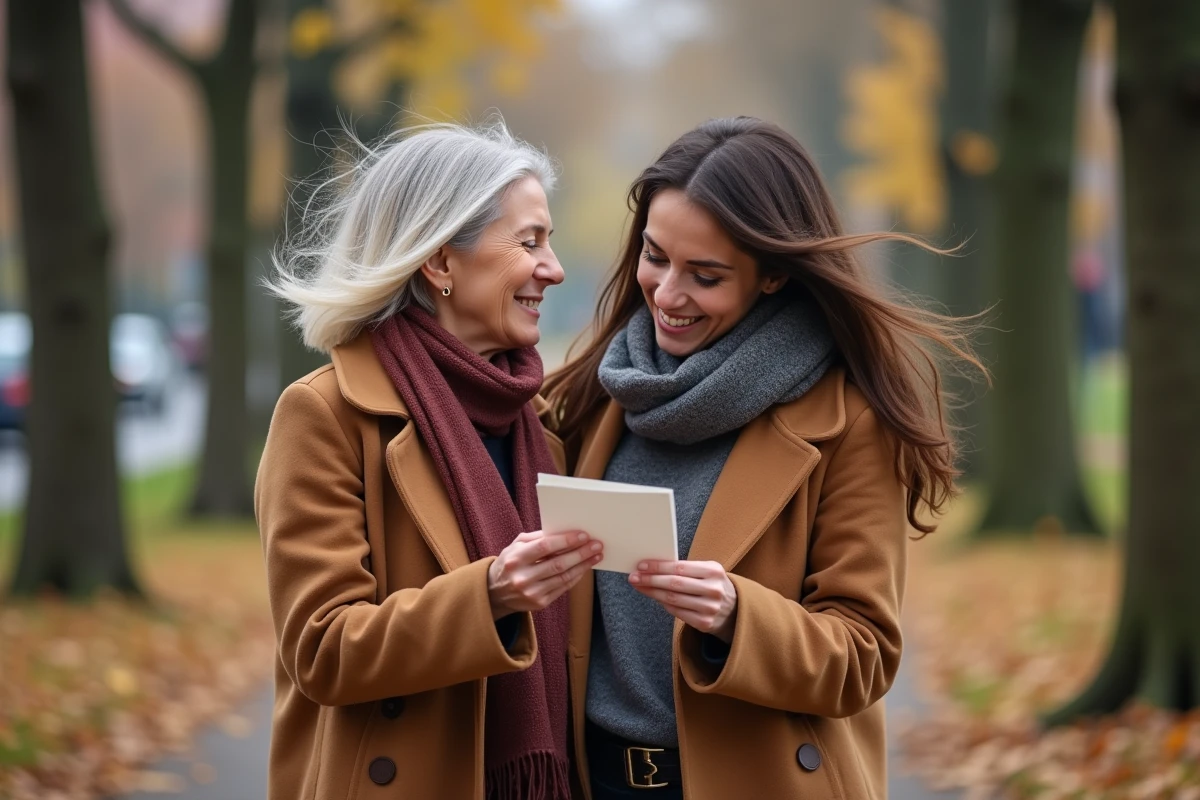 Marraine offrant une citation manuscrite à sa filleule lors d'une rencontre émotive dans un parc en automne