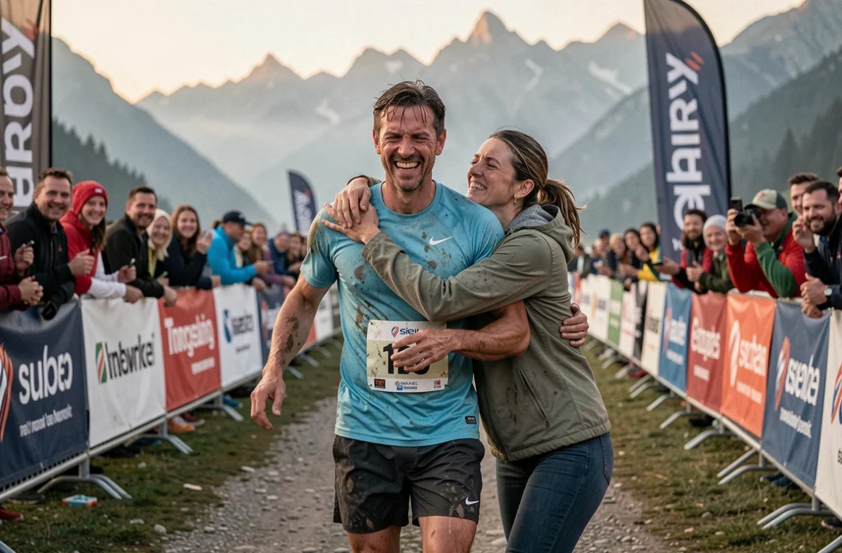 Coureur d'ultratrail retrouvant sa compagne à l'arrivée d'une course UTMB dans une scène émouvante