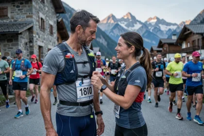 Couple de trail runners échangeant un moment de tendresse au départ d'une course de montagne type UTMB