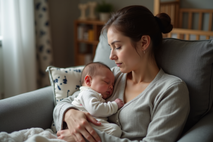 Jeune mère berçant son bébé endormi dans un fauteuil