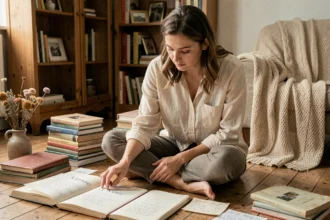 Jeune mère consultant de vieux livres de prénoms anciens posés sur un parquet en bois, expression pensive et concentrée