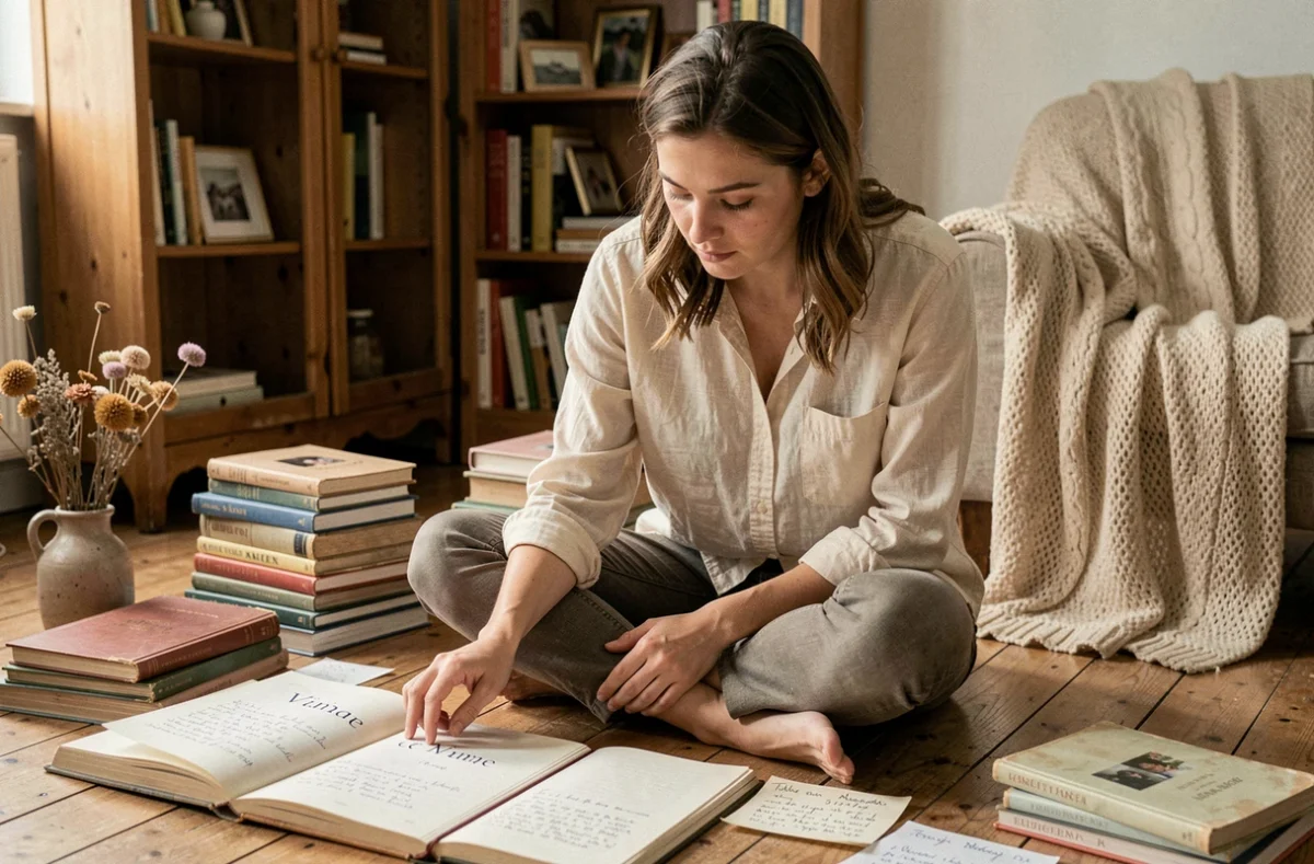 Jeune mère consultant de vieux livres de prénoms anciens posés sur un parquet en bois, expression pensive et concentrée