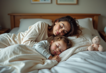 Enfant : quel âge idéal pour dormir avec lui ? Mère et enfant endormis dans un lit douillet