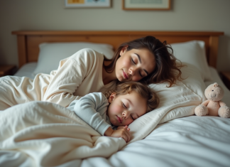 Enfant : quel âge idéal pour dormir avec lui ? Mère et enfant endormis dans un lit douillet