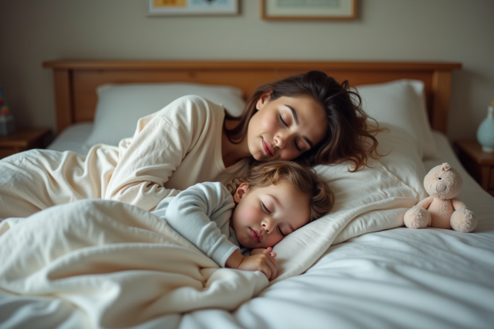 Mère et enfant endormis dans un lit douillet