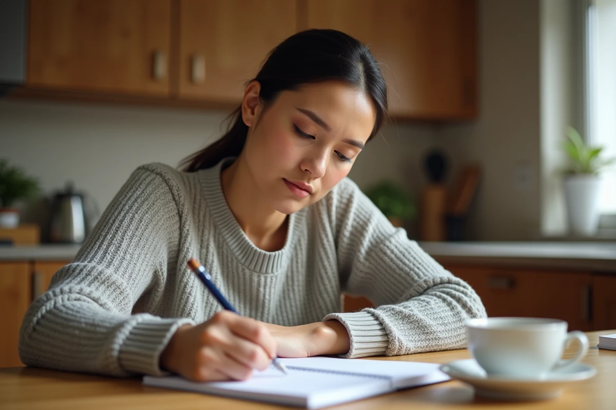 Mère écrivant une lettre d'absence scolaire à la main sur du papier blanc, assise à une table en bois dans une cuisine familiale
