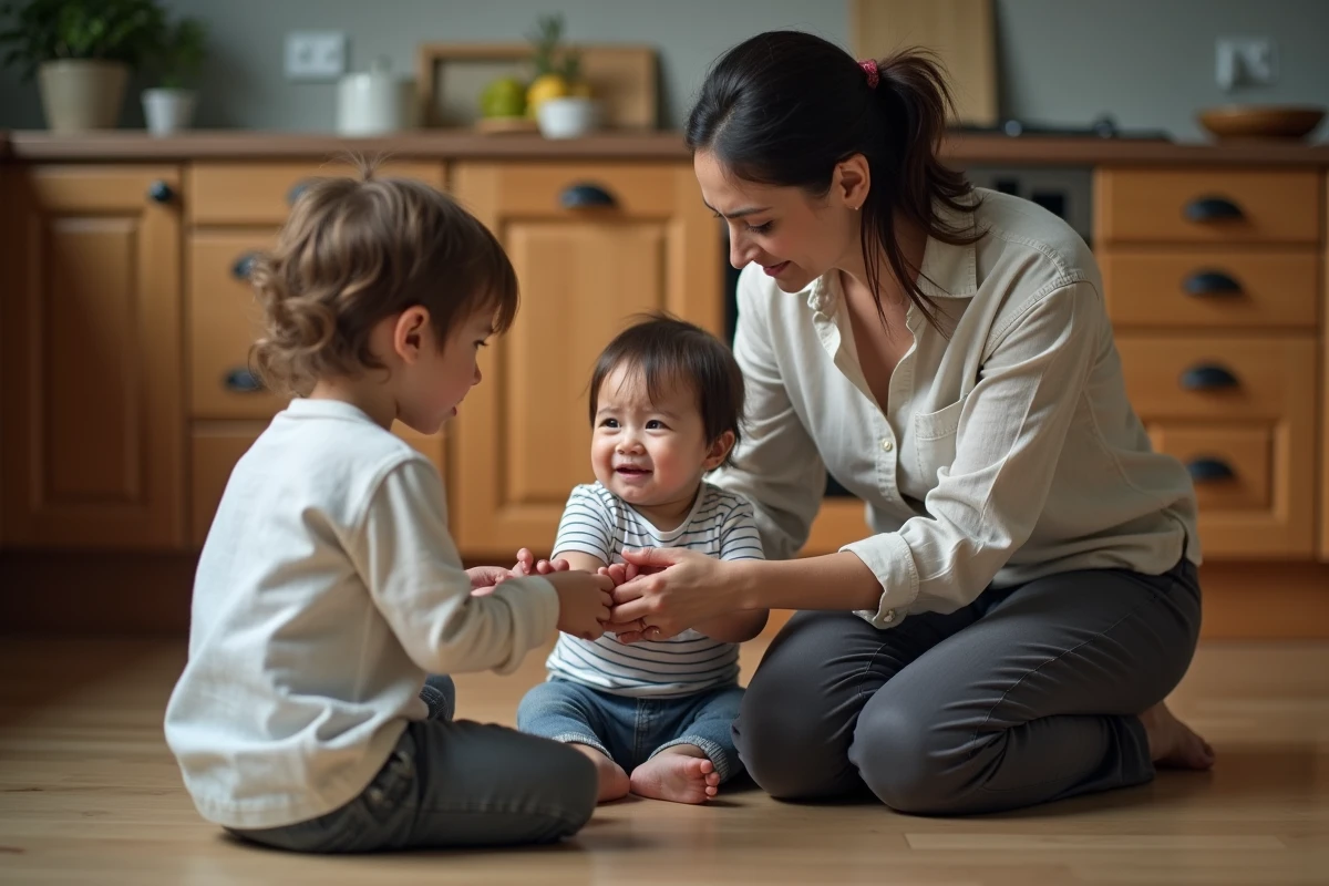 Mère calme médiating entre deux jeunes enfants en colère dans une cuisine familiale réaliste