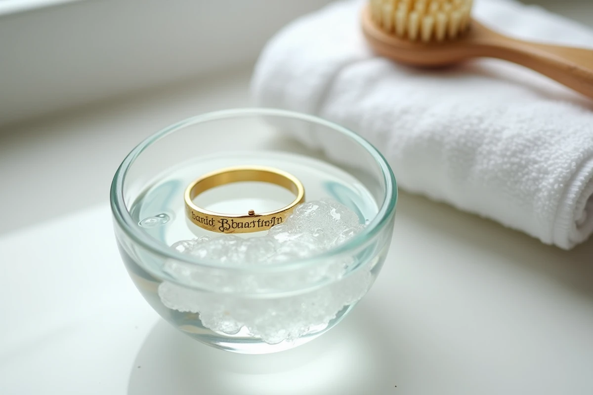 Gourmette or baptême trempée dans un bol d'eau savonneuse pour nettoyage