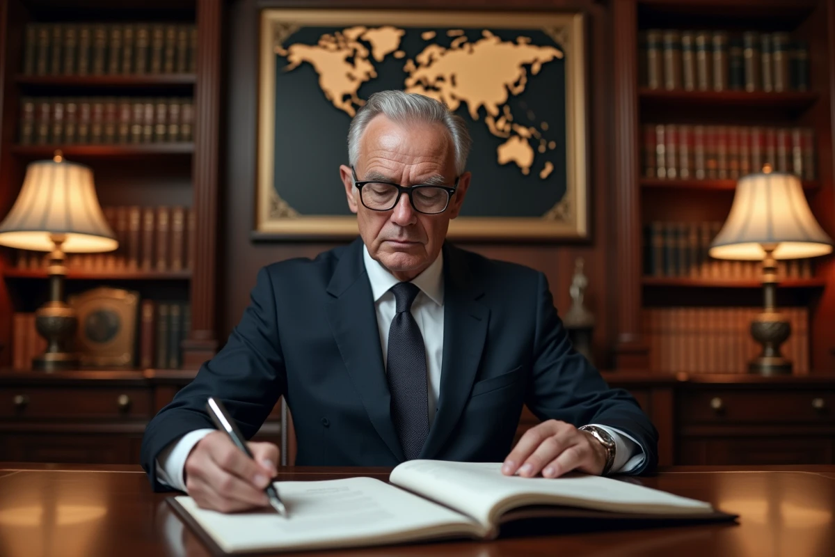 Notaire âgé en costume sombre examinant des documents officiels dans son étude avec carte du monde en arrière-plan