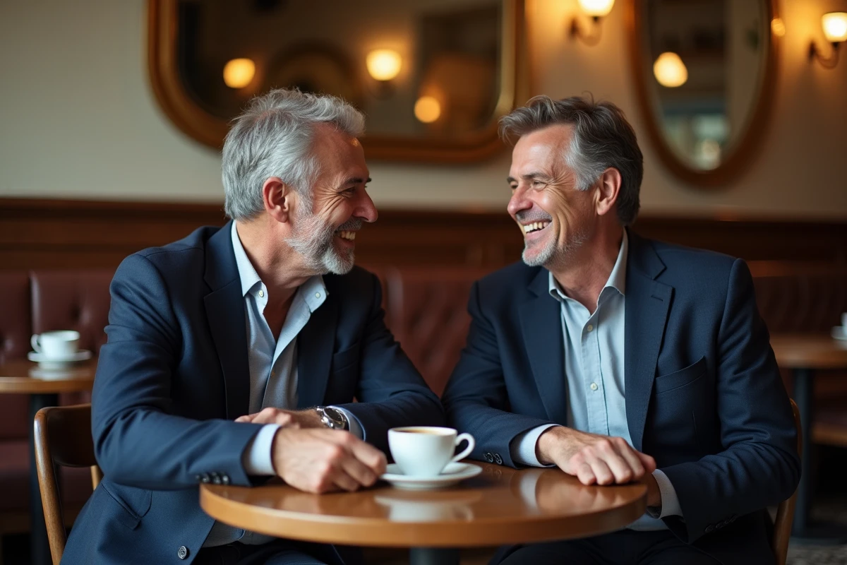 Homme élégant d'une cinquantaine d'années partageant un moment de complicité avec un ami dans un café parisien, illustrant l'amitié et les liens personnels précieux