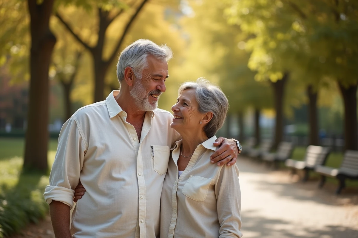 Couple complice dans un parc urbain en automne, homme aux cheveux poivre et sel et femme partageant un sourire sincère, évoquant l'amour et les liens affectifs qui comptent