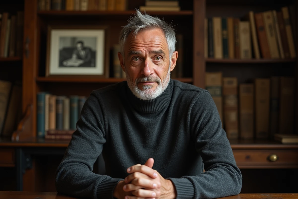 Portrait intimiste d'un homme distingué dans la cinquantaine dans son bureau privé entouré de livres, regard pensif et posture introspective symbolisant la vie privée et les liens personnels profonds