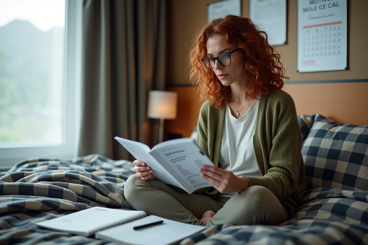 Mère organisant le calendrier scolaire français depuis une chambre d'hôtel lors d'un long séjour au Canada