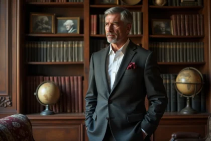 Portrait d'un homme mature devant une bibliothèque ancienne, évoquant les origines familiales et l'héritage culturel de Darius Rochebin