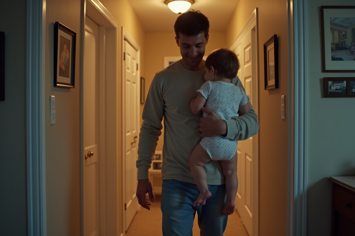 Père portant sa fille dans un couloir familial la nuit