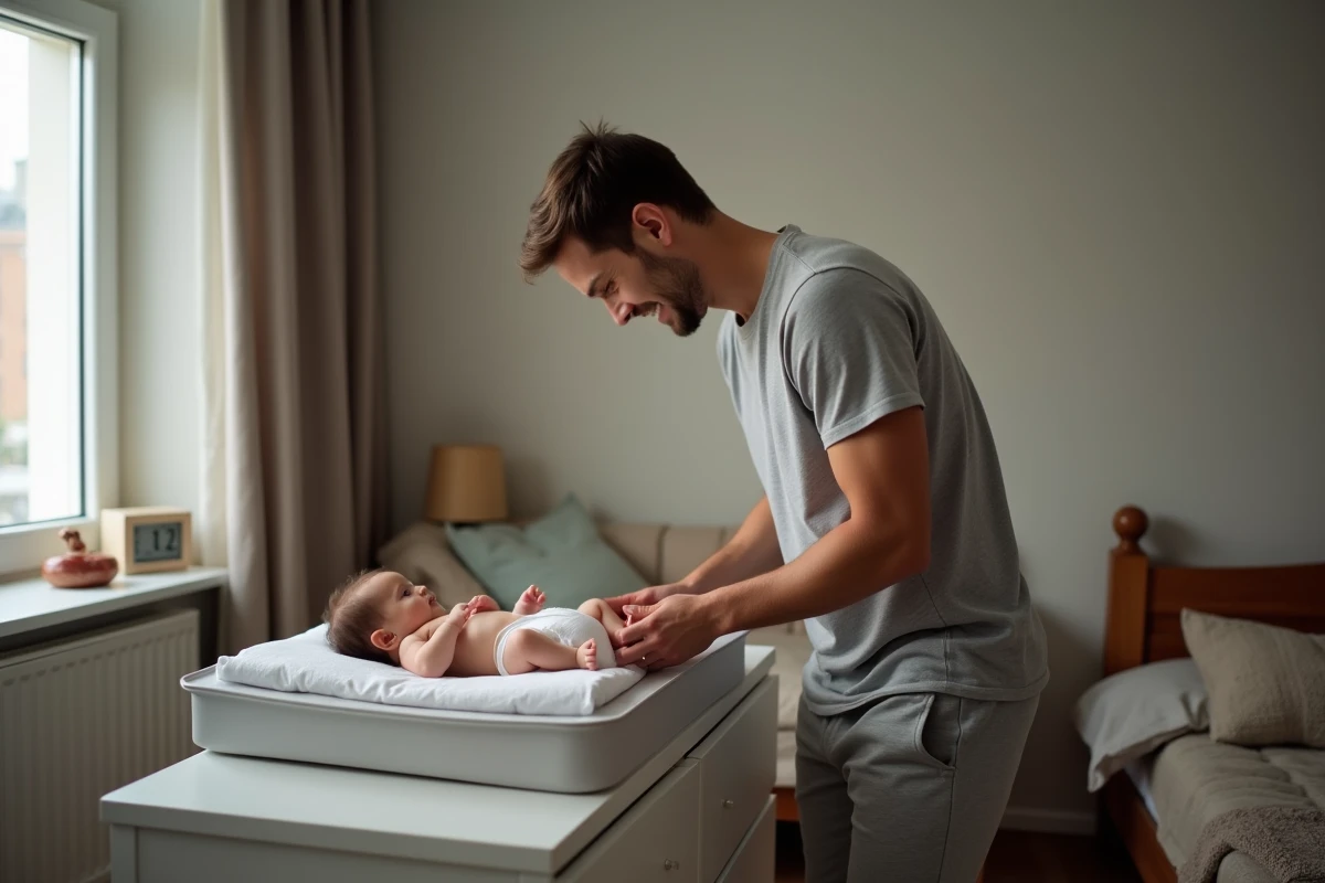 Papa change une fille dans une chambre modeste et chaleureuse