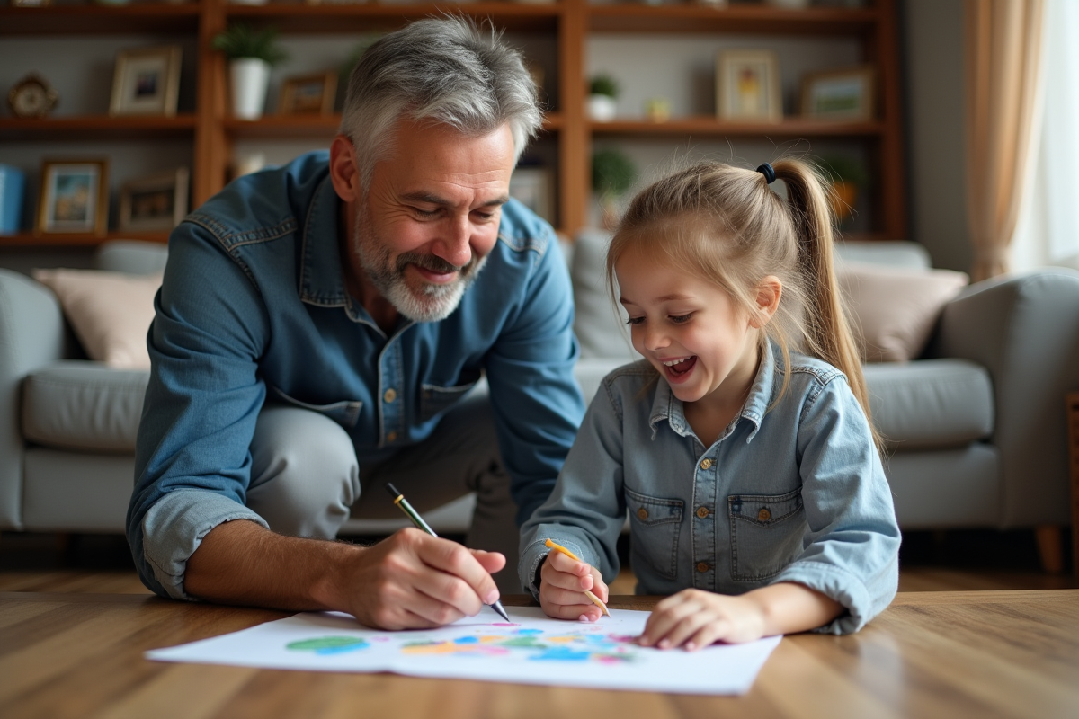 Père écoutant sa fille montrer un dessin dans un salon familial