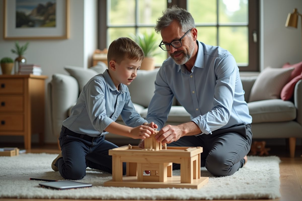 Père et fils construisant un modèle en bois dans le salon