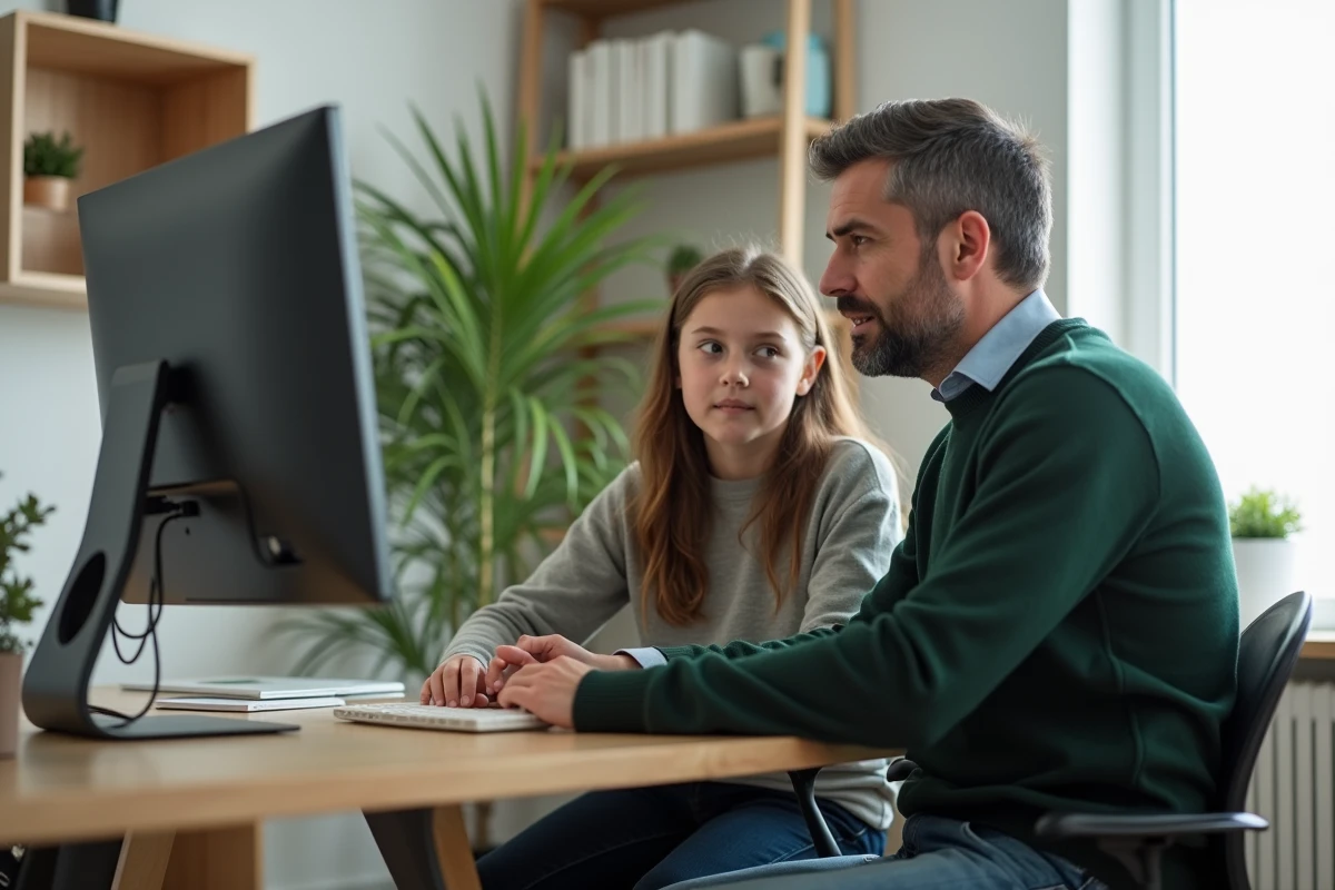 Père et fille discutant devant un ordinateur à la maison