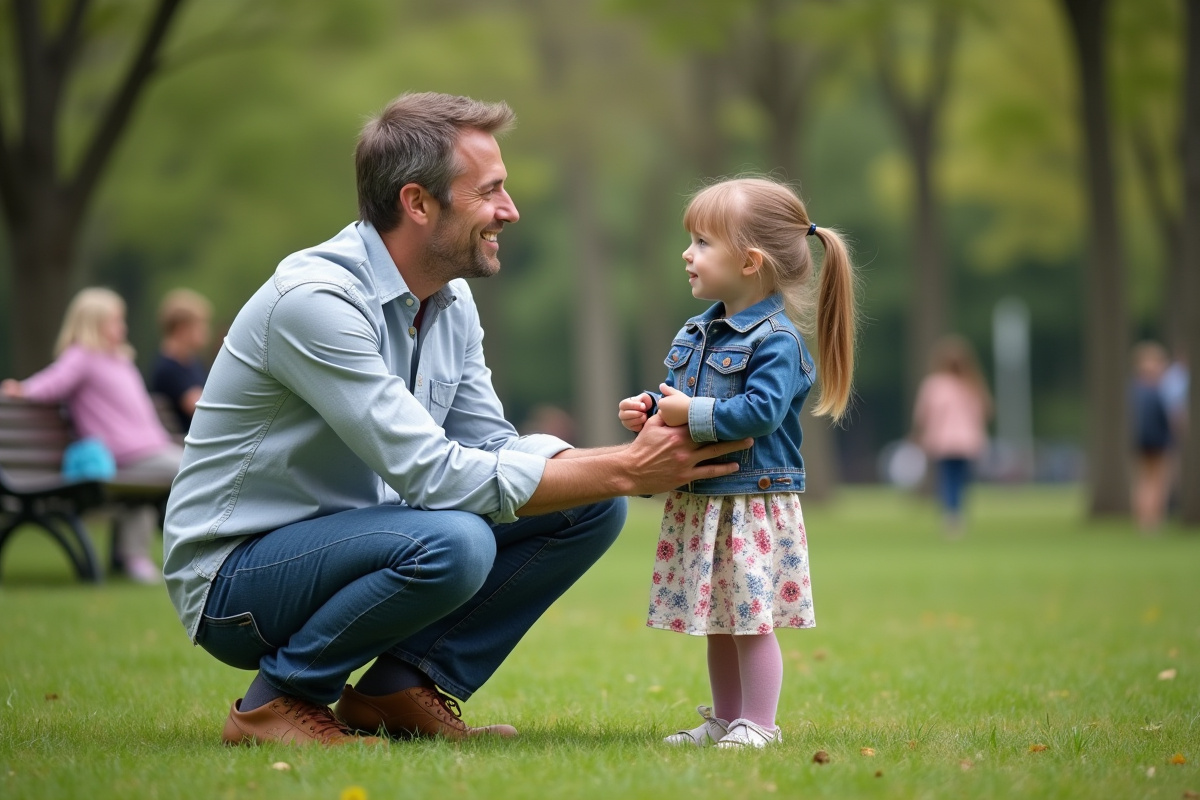 Père parlant à sa fille dans un parc vert