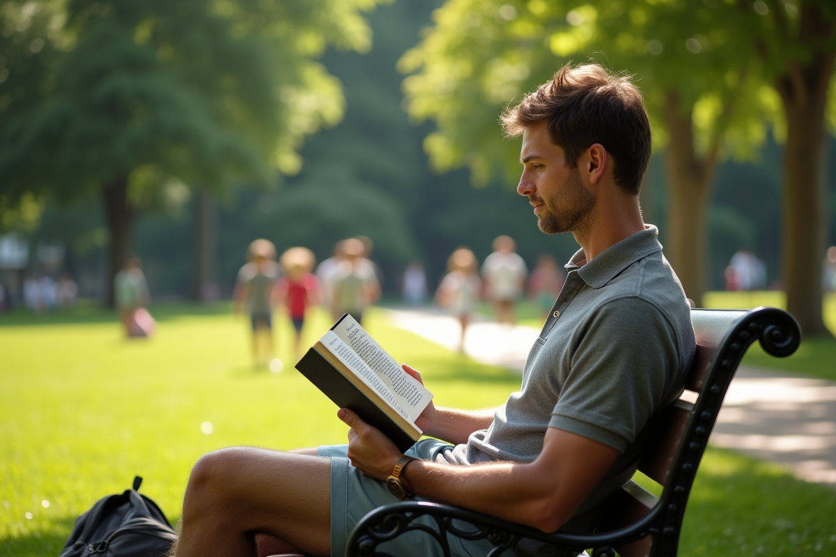 Jeune père lisant dans un parc ensoleillé avec ses enfants