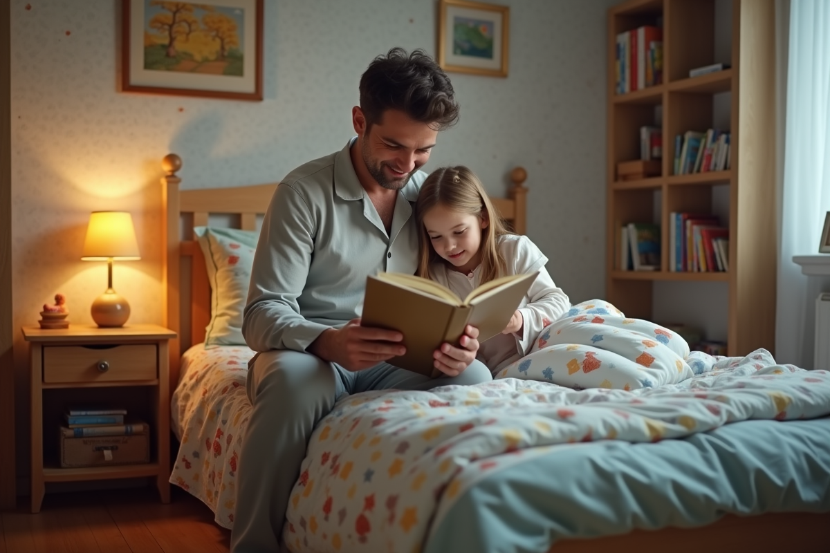 Père lisant une histoire à sa fille au lit